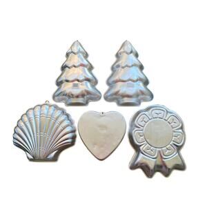 Vintage Wilton Cake Pan Lot Bundle - Christmas Tree x2 Heart Shell Blue Ribbon